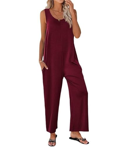 Dreamskull Damen Overall Jumpsuit Sommer Lang Elegant Locker Ärmellos Langes Bein Lange Overall Frauen Romper Hosenanzug Einteilig Casual Einteiler mit Taschen Loose Fit Strand 7/8 Länge U Ausschnitt von Dreamskull