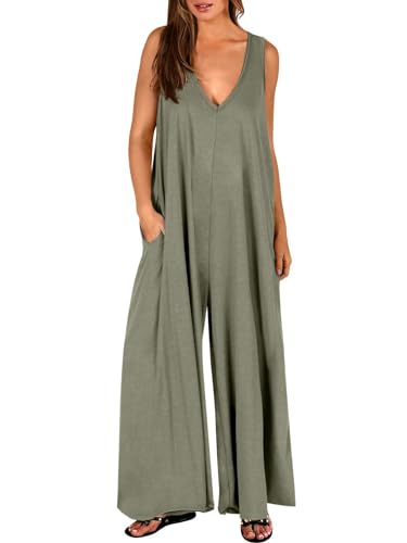 Dreamskull Damen Overall Jumpsuit Sommer Lang Elegant Locker Ärmellos Langes Bein V Ausschnitt Lange Overall Frauen Romper Einteiler Hosenanzug Einteilig Casual mit Taschen Loose Fit S-3XL von Dreamskull