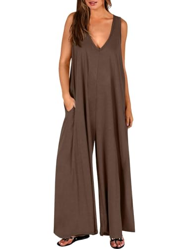 Dreamskull Damen Overall Jumpsuit Sommer Lang Elegant Locker Ärmellos Langes Bein V Ausschnitt Lange Overall Frauen Romper Einteiler Hosenanzug Einteilig Casual mit Taschen Loose Fit S-3XL von Dreamskull