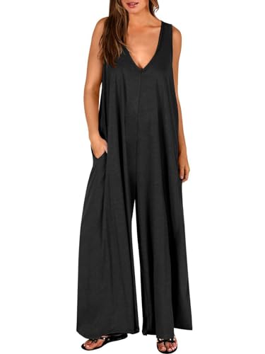 Dreamskull Damen Overall Jumpsuit Sommer Lang Elegant Locker Ärmellos Langes Bein V Ausschnitt Lange Overall Frauen Romper Einteiler Hosenanzug Einteilig Casual mit Taschen Loose Fit S-3XL von Dreamskull