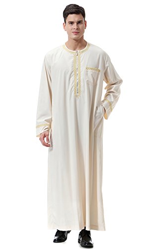 Dreamskull Herren Männer Muslim Abaya Dubai Muslimische Islamische Arab Arabisch Kleidung Kaftan Robe Pullover Kleider Maxi Kleid Indien Türkisch Casual Festlich (M, Beige) von Dreamskull