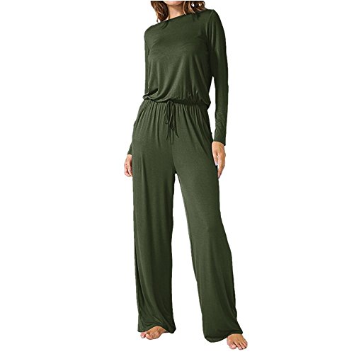 Dreamskull Jumpsuit Einteiler Overall Hosenanzug Lang Langarm Elegant Romper Playsuit Pyjama Gemühtlich Wasserfallkragen Rückenfrei Einfarbig Herbst Winter Damen Frauen (Armee Grün, m) von Dreamskull