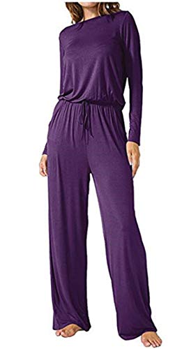 Dreamskull Jumpsuit Einteiler Overall Hosenanzug Lang Langarm Elegant Romper Playsuit Pyjama Gemühtlich Wasserfallkragen Rückenfrei Einfarbig Herbst Winter Damen Frauen (Violett, l) von Dreamskull