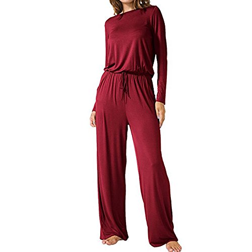 Dreamskull Jumpsuit Einteiler Overall Hosenanzug Lang Langarm Elegant Romper Playsuit Pyjama Gemühtlich Wasserfallkragen Rückenfrei Einfarbig Herbst Winter Damen Frauen (Weinrot, m) von Dreamskull