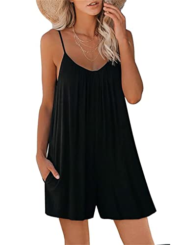 Dreamskull Jumpsuit Overall Damen Frauen Romper Einteiler Elegant Sommer Kurz Locker Ärmellos mit Träger V Ausschnitt Taschen Rückenfrei Hosenanzug Hosenanzüge Weites Bein Einteilig Einfarbig von Dreamskull