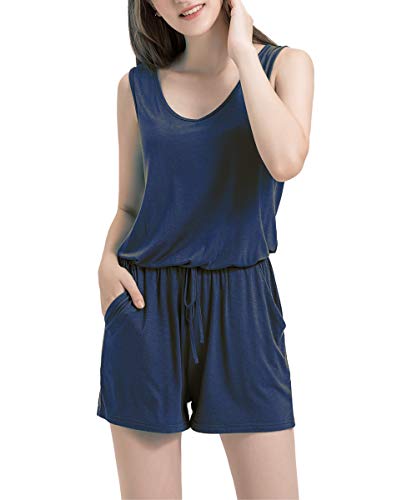 Dreamskull Jumpsuit Overall Damen Frauen Sommer Kurz Hosenanzug Romper Einteiler Ärmellos Elegant Sexy mit Taschen V Ausschnitt Strand Casual Locker Lässig Blau L von Dreamskull