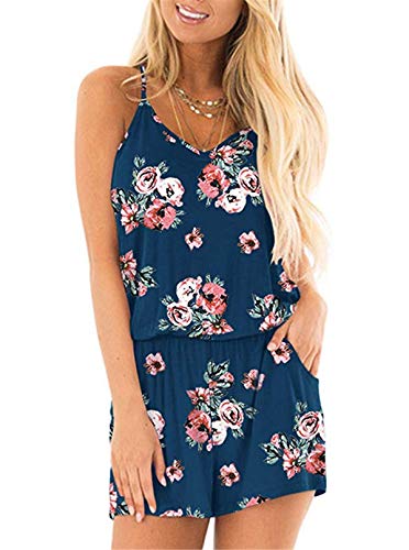 Dreamskull Jumpsuit Overall Damen Frauen Sommer Kurz Hosenanzug Romper Einteiler Playsuit Ärmellos Elegant Sexy Träger mit Blumen Rückenfrei Taschen V Ausschnitt Strand Locker Lässig Dunkelblau XXL von Dreamskull