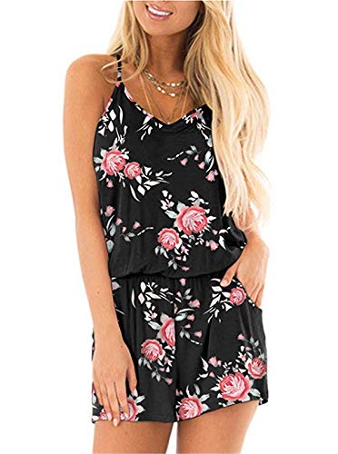 Dreamskull Jumpsuit Overall Damen Frauen Sommer Kurz Hosenanzug Romper Einteiler Playsuit Ärmellos Elegant Sexy Träger mit Blumen Rückenfrei Taschen V Ausschnitt Strand Locker Lässig Schwarz S von Dreamskull