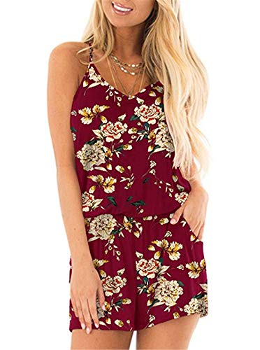 Dreamskull Jumpsuit Overall Damen Frauen Sommer Kurz Hosenanzug Romper Einteiler Playsuit Ärmellos Elegant Sexy Träger mit Blumen Rückenfrei Taschen V Ausschnitt Strand Locker Lässig Weinrot S von Dreamskull