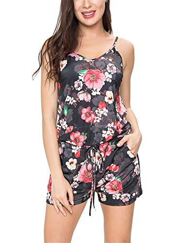 Dreamskull Jumpsuit Overall Damen Frauen Sommer Kurz Hosenanzug Romper Einteiler Playsuit Ärmellos Elegant Sexy Träger mit Blumen Rückenfrei Taschen V Ausschnitt Strand Locker Lässig Casual Schwarz XL von Dreamskull