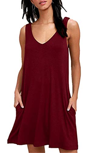 Dreamskull Kleid Kleider Tshirt Damen Frauen Sommer Kurz Ärmellos Lässiges Shirtkleid Freizeitkleid Sommerkleid Minikleid mit Taschen Casual Modal Ohne Ärmel Alltag Locker Party (Large, Weinrot) von Dreamskull