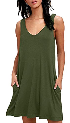 Dreamskull Kleid Kleider Tshirt Damen Frauen Sommer Kurz Ärmellos Lässiges Shirtkleid Freizeitkleid Sommerkleid Minikleid mit Taschen Casual Modal Ohne Ärmel Alltag Locker Party (Medium, Grün) von Dreamskull