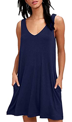 Dreamskull Kleid Kleider Tshirt Damen Frauen Sommer Kurz Ärmellos Lässiges Shirtkleid Freizeitkleid Sommerkleid Minikleid mit Taschen Casual Modal Ohne Ärmel Alltag Locker Party (Small, Navy) von Dreamskull