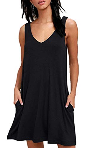 Dreamskull Kleid Kleider Tshirt Damen Frauen Sommer Kurz Ärmellos Lässiges Shirtkleid Freizeitkleid Sommerkleid Minikleid mit Taschen Casual Modal Ohne Ärmel Alltag Locker Party (X-Large, Schwarz) von Dreamskull