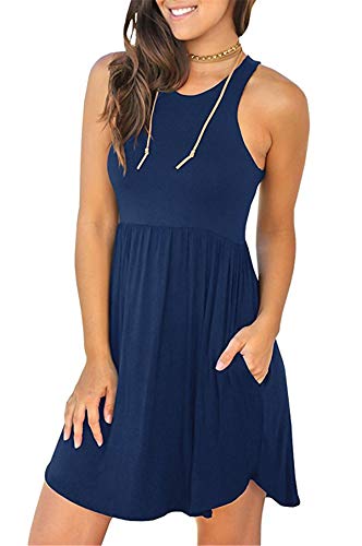 Dreamskull Kleid Kleider Tshirt Damen Frauen Sommer Kurz Ärmellos Lässiges Shirtkleid Freizeitkleid Sommerkleid Minikleid mit Taschen Casual Modal Ohne Ärmel Alltag Locker Party (XX-Large, Dunkelblau) von Dreamskull