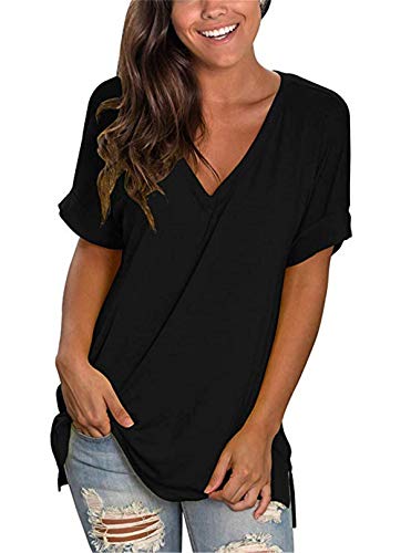 Dreamskull Kurzärmelige T Shirt Oberteil Shirts Tops Bluse Blusen Tunika Oberteile Damen Frauen Sommer Sexy Kurzarm Basic V Ausschnitt Locker Casual Lässig Einfarbig Baumwolle (X-Large, Schwarz) von Dreamskull