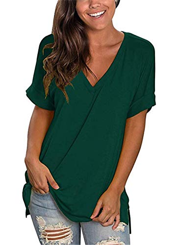 Dreamskull Kurzärmelige T Shirt Oberteil Shirts Tops Bluse Blusen Tunika Oberteile Damen Frauen Sommer Sexy Kurzarm Basic V Ausschnitt Locker Casual Lässig Einfarbig Baumwolle (XX-Large, Dunkelgrün) von Dreamskull