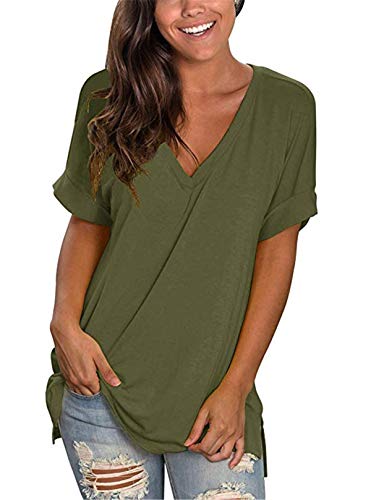 Dreamskull Kurzärmelige T Shirt Oberteil Shirts Tops Bluse Blusen Tunika Oberteile Damen Frauen Sommer Sexy Kurzarm Basic V Ausschnitt Locker Casual Lässig Einfarbig Baumwolle (XX-Large, Grün) von Dreamskull