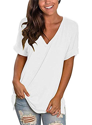 Dreamskull Kurzärmelige T Shirt Oberteil Shirts Tops Bluse Blusen Tunika Oberteile Damen Frauen Sommer Sexy Kurzarm Basic V Ausschnitt Locker Casual Lässig Einfarbig Baumwolle (XX-Large, Weiß) von Dreamskull