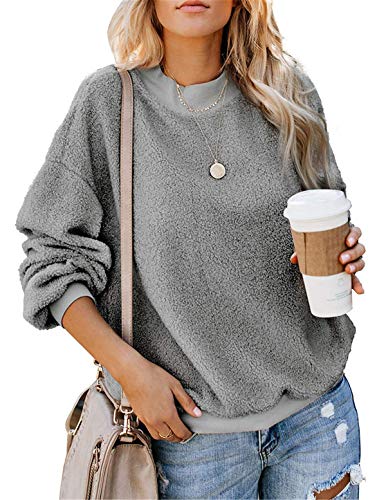 Dreamskull Kuschelpullover Damen Frauen Flauschig Kuschelig Fleece Teddy Plüsch Kuschel Pullover Pulli Oberteil Kuschelpulli Flauschpullover Flauschpulli Fleevepullover Winter Warm (Medium, Grau) von Dreamskull