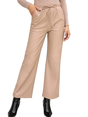 Dreamskull Lange Hose Hosen Damen Frauen Lang Locker Kunstleder PU Lederhose High Waist Weites Bein Elegant Stretch Bleistifthose Jogginghose Bikerhose Motorradhose mit Taschen (Beige, M) von Dreamskull