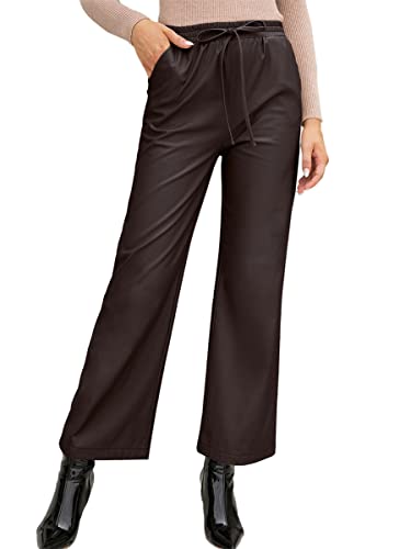 Dreamskull Lange Hose Hosen Damen Frauen Lang Locker Kunstleder PU Lederhose High Waist Weites Bein Elegant Stretch Bleistifthose Jogginghose Bikerhose Motorradhose mit Taschen (Kaffeebraun, XL) von Dreamskull