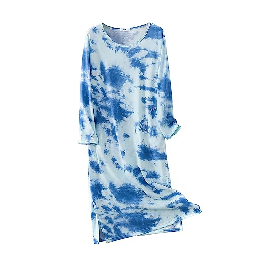 Dreamskull Langes Nachthemd für Damen Frauen Langarm Kurzarm Lose Nachthemd Weihnachten Elemente Nachthemden Home T-Shirt Kleid Frühling Sommer Nachthemd, Blaue Wolke, 42 von Dreamskull