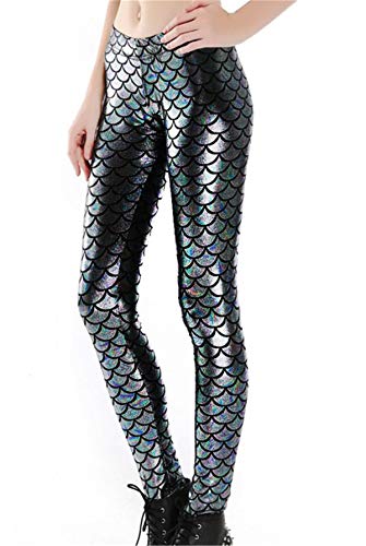 Dreamskull Leggings Jeggings Treggings Bleistifthose Stretchhose Damen Frauen Hose Lang High Waist Skinny Slim Fit Yoga Stretch Workout Fitness Schuppen Bunt Große Größen S-4XL (3XL, Silberblau) von Dreamskull