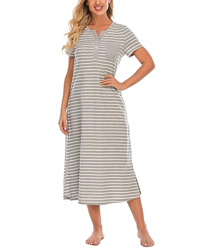 Dreamskull Nachthemd Schlafhemd Schlafshirt Damen Frauen Kurzarm Lang Gestreift mit Taschen Rundhals Streifen Nachtkleid Sleepshirt Nachtwäsche Kleid Hemd Schlaf Kleider zum Schlafen Kurzer Arm von Dreamskull