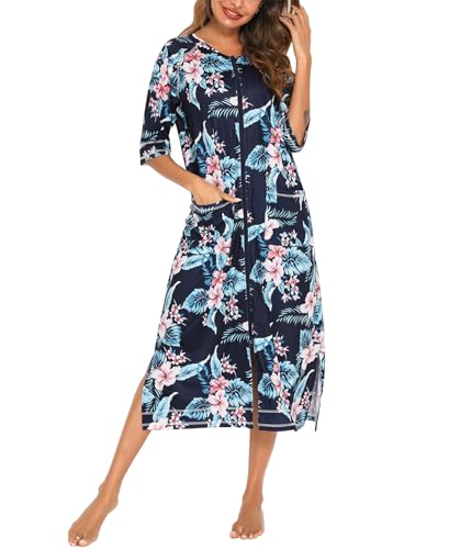 Dreamskull Nachthemd Schlafhemd Schlafshirt Damen Frauen Lang Langarm mit Taschen Reissverschluss Blumen Nachtkleid Nachtwäsche Kleid Hemd Schlaf Kleider zum Schlafen 3/4 Langer Arm Locker Winter Warm von Dreamskull