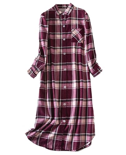 Dreamskull Nachthemd Schlafhemd Schlafshirt Damen Frauen Langarm Baumwolle Lang Winter Warm Kariert mit Knopfleiste Kragen Tasche Nachtwäsche Kleid Hemd Schlaf Pyjama Kleider Shirts zum Schlafen von Dreamskull