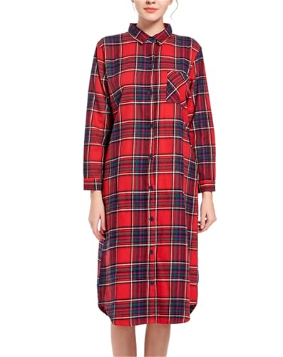 Dreamskull Nachthemd Schlafhemd Schlafshirt Damen Frauen Langarm Baumwolle Lang Winter Warm Kariert mit Knopfleiste Kragen Tasche Nachtwäsche Kleid Hemd Schlaf Pyjama Kleider Shirts zum Schlafen von Dreamskull