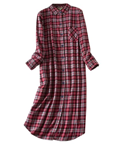 Dreamskull Nachthemd Schlafhemd Schlafshirt Damen Frauen Langarm Baumwolle Lang Winter Warm Kariert mit Knopfleiste Kragen Tasche Nachtwäsche Kleid Hemd Schlaf Pyjama Kleider Shirts zum Schlafen von Dreamskull