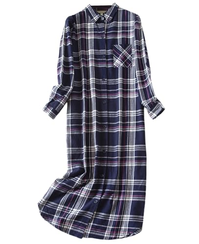 Dreamskull Nachthemd Schlafhemd Schlafshirt Damen Frauen Langarm Baumwolle Lang Winter Warm Kariert mit Knopfleiste Kragen Tasche Nachtwäsche Kleid Hemd Schlaf Pyjama Kleider Shirts zum Schlafen von Dreamskull