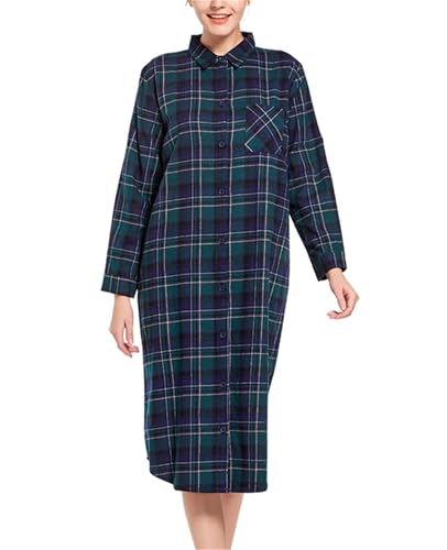 Dreamskull Nachthemd Schlafhemd Schlafshirt Damen Frauen Langarm Baumwolle Lang Winter Warm Kariert mit Knopfleiste Kragen Tasche Nachtwäsche Kleid Hemd Schlaf Pyjama Kleider Shirts zum Schlafen von Dreamskull