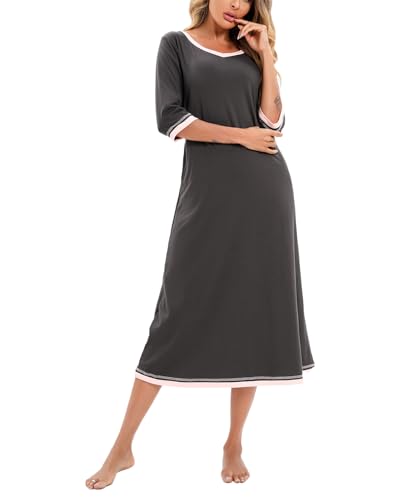 Dreamskull Nachthemd Schlafhemd Schlafshirt Damen Frauen Langarm Lang mit Taschen V-Ausschnitt Winter Nachtkleid Sleepshirt Nachtwäsche Kleid Hemd Schlaf Kleider zum Schlafen 3/4 Langer Arm von Dreamskull