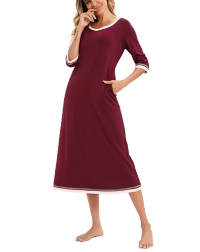 Dreamskull Nachthemd Schlafhemd Schlafshirt Damen Frauen Langarm Lang mit Taschen V-Ausschnitt Winter Nachtkleid Sleepshirt Nachtwäsche Kleid Hemd Schlaf Kleider zum Schlafen 3/4 Langer Arm von Dreamskull
