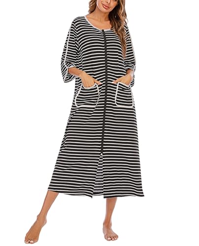 Dreamskull Nachthemd Schlafhemd Schlafshirt Damen Langarm Lang Winter Warm Gestreift mit Taschen Rundhals Streifen Frauen Nachtkleid Nachtwäsche Kleid Hemd Schlaf Kleider Shirts 3/4 Langer Arm von Dreamskull