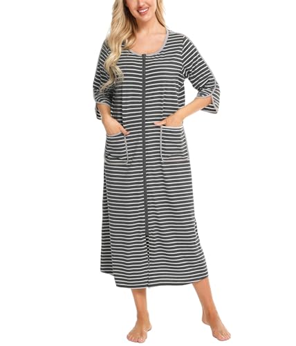 Dreamskull Nachthemd Schlafhemd Schlafshirt Damen Langarm Lang Winter Warm Gestreift mit Taschen Rundhals Streifen Frauen Nachtkleid Nachtwäsche Kleid Hemd Schlaf Kleider Shirts 3/4 Langer Arm von Dreamskull