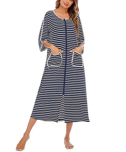 Dreamskull Nachthemd Schlafhemd Schlafshirt Damen Langarm Lang Winter Warm Gestreift mit Taschen Rundhals Streifen Frauen Nachtkleid Nachtwäsche Kleid Hemd Schlaf Kleider Shirts 3/4 Langer Arm von Dreamskull