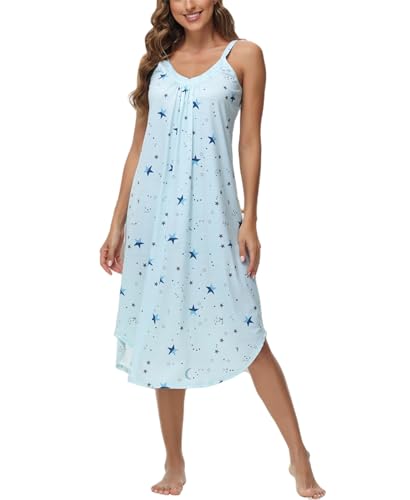 Dreamskull Nachthemd Schlafshirt Nachtkleid Sleepshirt Damen Frauen Ärmellos Lang mit Träger Tiefem V Ausschnitt Sternen Muster Nachtshirt Nachthemden Nachtwäsche Hemd Hemden Schlaf Kleider S-2XL von Dreamskull