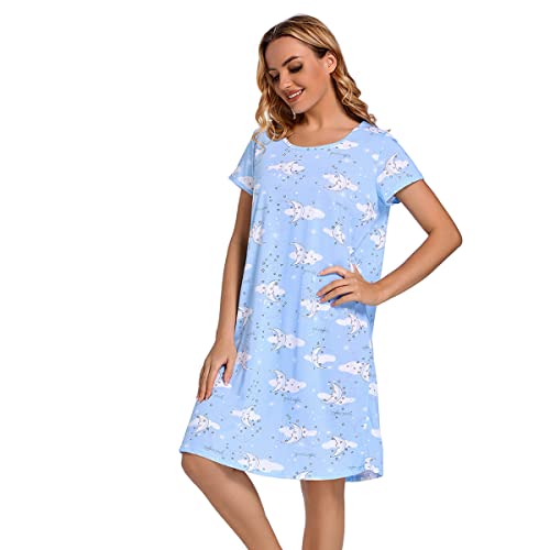 Dreamskull Nachthemd für Damen Frauen Kurz Langarm Lose Nachthemd Cartoon Stely Nightgowns Baumwolle Home T-Shirt Kleid Frühling Herbst Nachthemd Blau Mond XL von Dreamskull