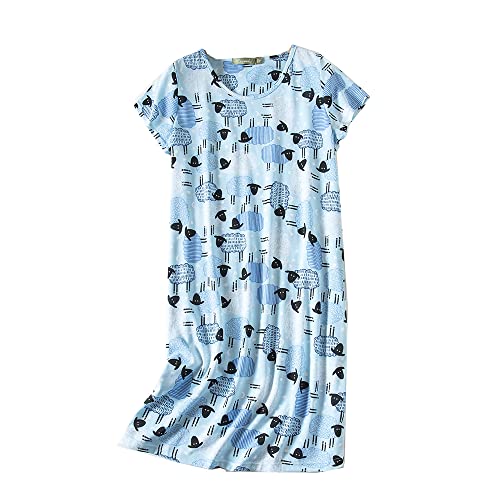 Dreamskull Nachthemd für Damen Frauen Kurzarm Nachthemd Langarm Lose Nachthemd Cartoon Stly Nachthemden Home T-Shirt Kleid, Blue Sheepsl, 46 von Dreamskull