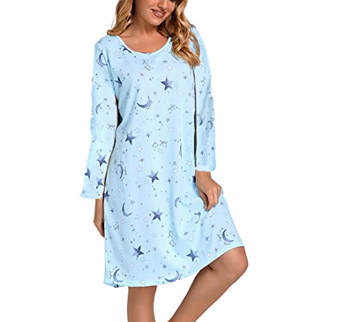 Dreamskull Nachthemd Schlafhemd Schlafshirt Damen Frauen Langarm Baumwolle Kurz Lustig mit Cartoon Muster Motiv Nachtwäsche Kleid Hemd Schlaf Pyjama Kleider Shirts zum Schlafen Rundhals Ausschnitt von Dreamskull