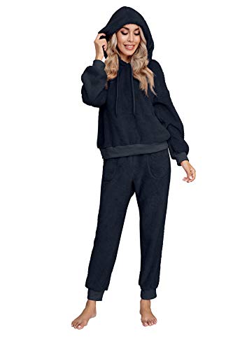 Dreamskull Schlafanzug Pyjama Damen Teddy Fleece Zweiteiler Hausanzug Kuschelig Flauschig Plüsch Lang Frottee Winter Warm Anzug Set Schlafen Nachtwäsche Zweiteilig mit Kapuze Taschen (Dunkelblau, M) von Dreamskull