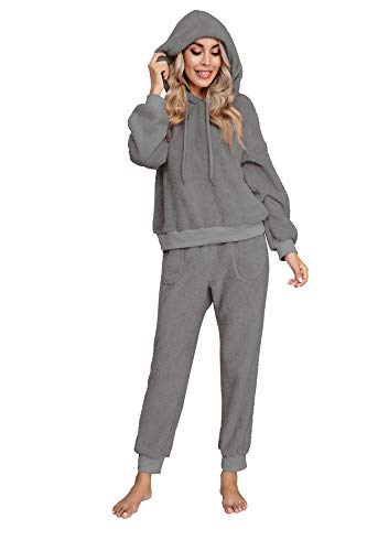 Dreamskull Schlafanzug Pyjama Damen Teddy Fleece Zweiteiler Hausanzug Kuschelig Flauschig Plüsch Lang Frottee Winter Warm Anzug Set Schlafen Nachtwäsche Zweiteilig mit Kapuze Taschen (Grau, S) von Dreamskull