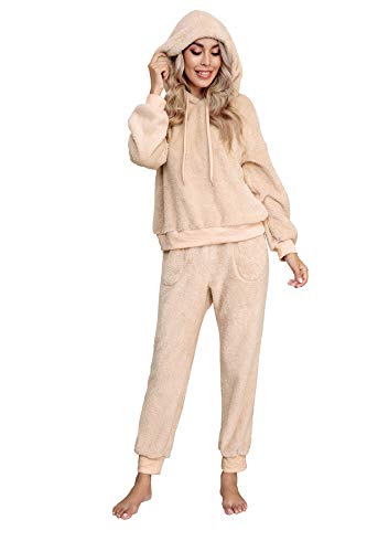 Dreamskull Schlafanzug Pyjama Damen Teddy Fleece Zweiteiler Hausanzug Kuschelig Flauschig Plüsch Lang Frottee Winter Warm Anzug Set Schlafen Nachtwäsche Zweiteilig mit Kapuze Taschen (Khaki, M) von Dreamskull