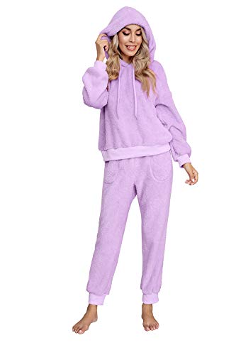 Dreamskull Schlafanzug Pyjama Damen Teddy Fleece Zweiteiler Hausanzug Kuschelig Flauschig Plüsch Lang Frottee Winter Warm Anzug Set Schlafen Nachtwäsche Zweiteilig mit Kapuze Taschen (Violett, M) von Dreamskull