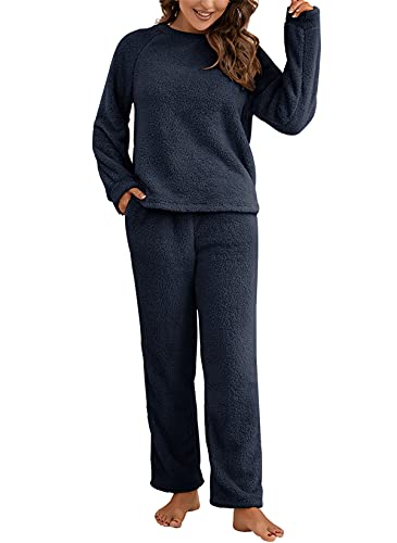 Dreamskull Schlafanzug Pyjama Damen Teddy Fleece Zweiteiler Hausanzug Kuschelig Flauschig Plüsch Lang Frottee Winter Warm Anzug Set Schlafen Nachtwäsche Zweiteilig mit Taschen (Dunkelblau, M) von Dreamskull
