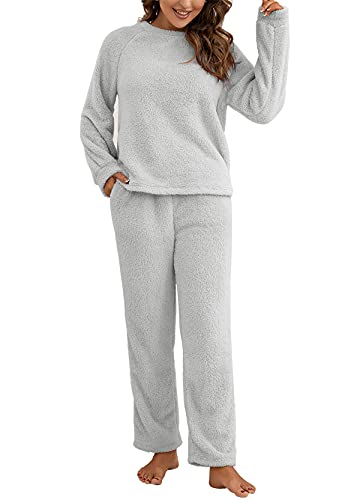 Dreamskull Schlafanzug Pyjama Damen Teddy Fleece Zweiteiler Hausanzug Kuschelig Flauschig Plüsch Lang Frottee Winter Warm Anzug Set Schlafen Nachtwäsche Zweiteilig mit Taschen (Grau, L) von Dreamskull